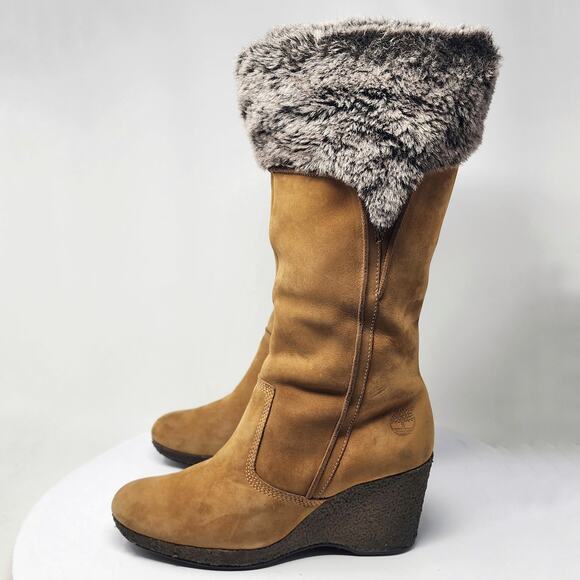 Timberland Monogram Tall Boot Women 8M Tan Wheat Suede Faux Fur Trim Wedge 86334 - Picture 4 of 12